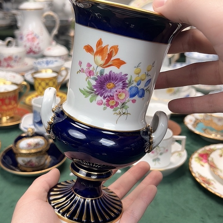 瓷片梅森一等钴蓝双耳花瓶19cm微瑕
