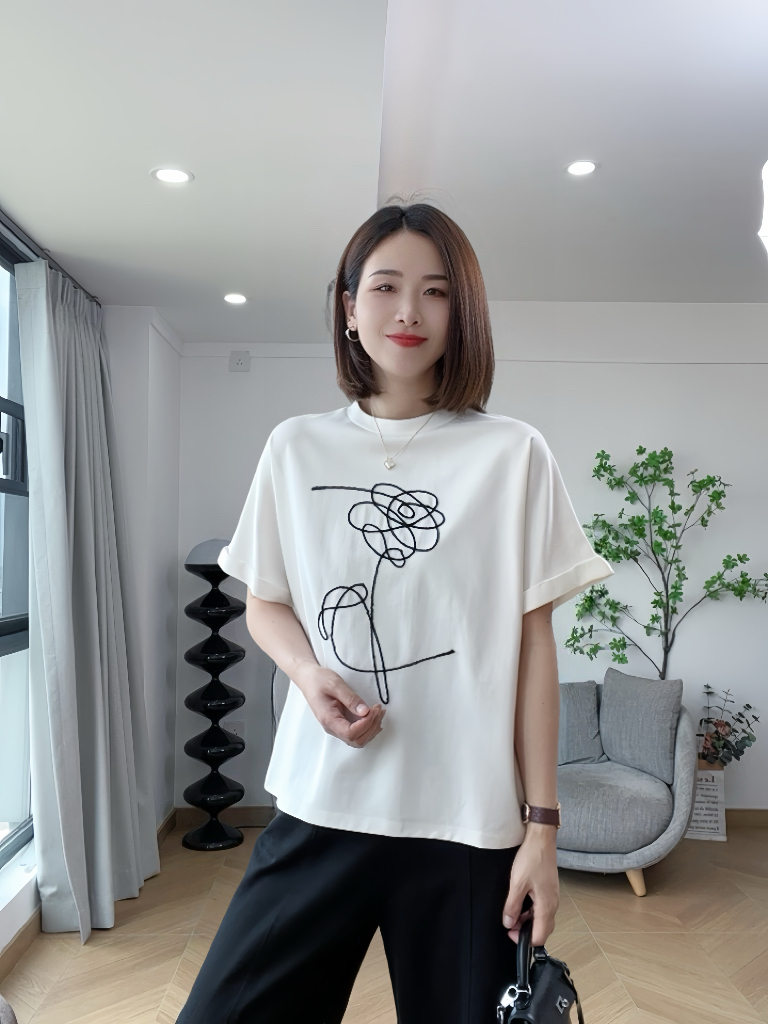 【希辰】花朵刺绣短袖T恤17127       白色