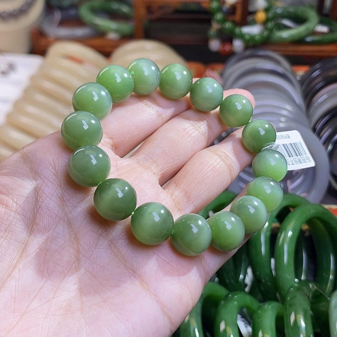 和田玉毕业级收藏碧玉绿猫眼手串12m未镶嵌