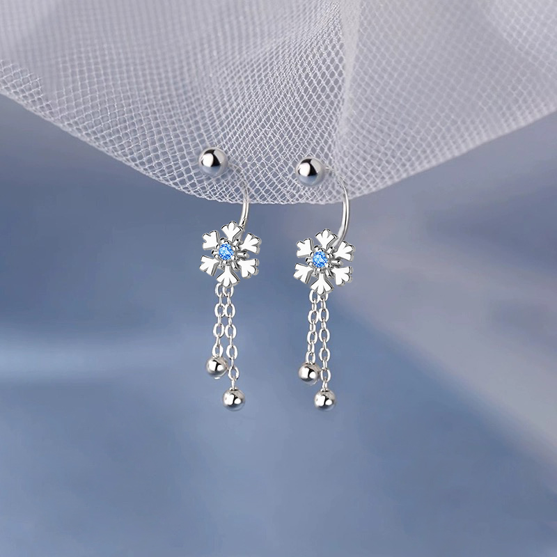 足银耳饰 S999足银雪花流苏耳钩女螺丝拧扣气质耳钉免摘耳饰品