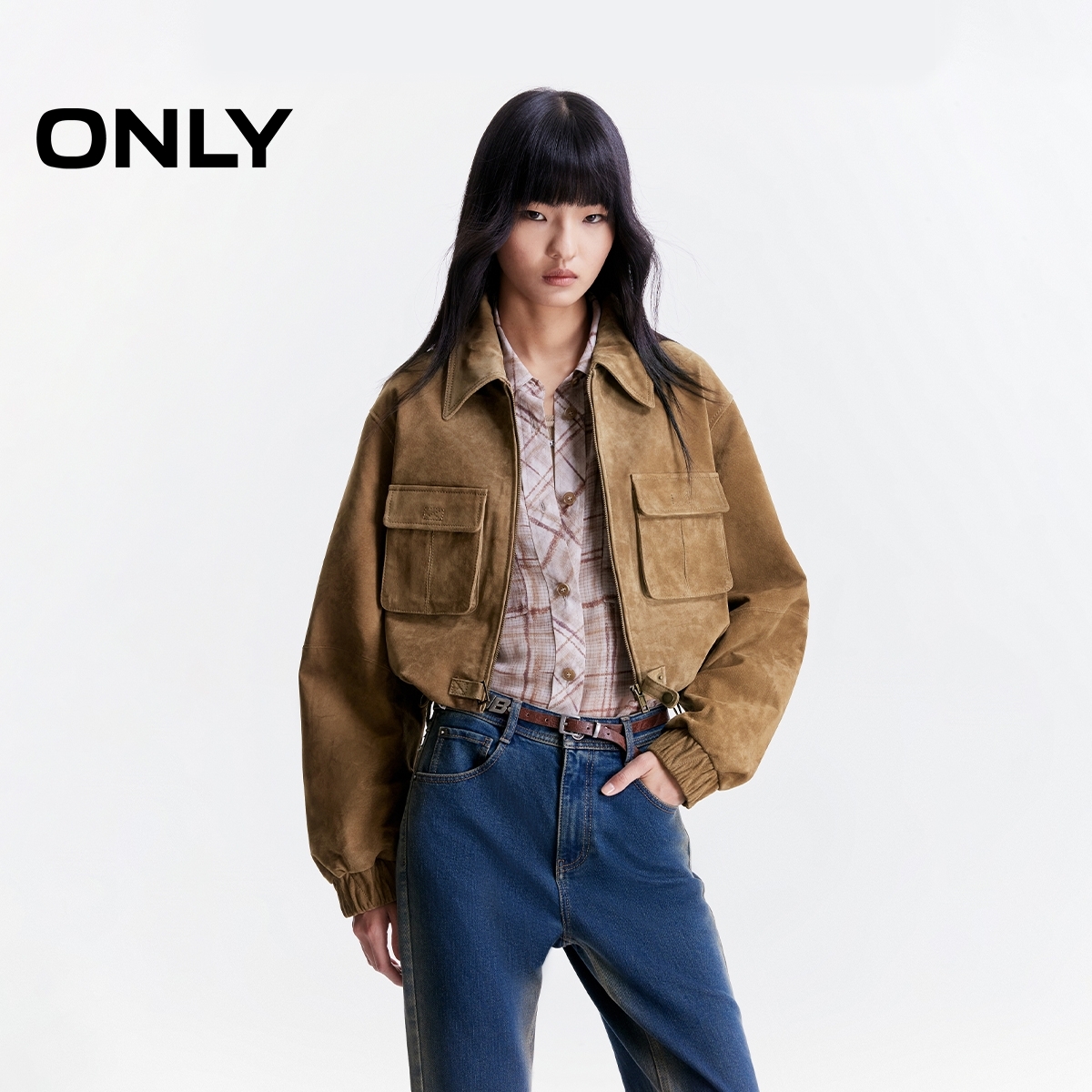 【琥珀流光】ONLY2025秋季新款抽绳正肩口袋短款皮衣女|125310017