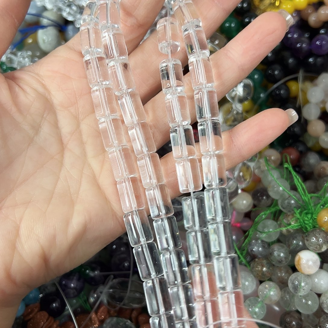 玛瑙/玉髓未镶嵌珠宝半成品，压电白水晶桶珠2条