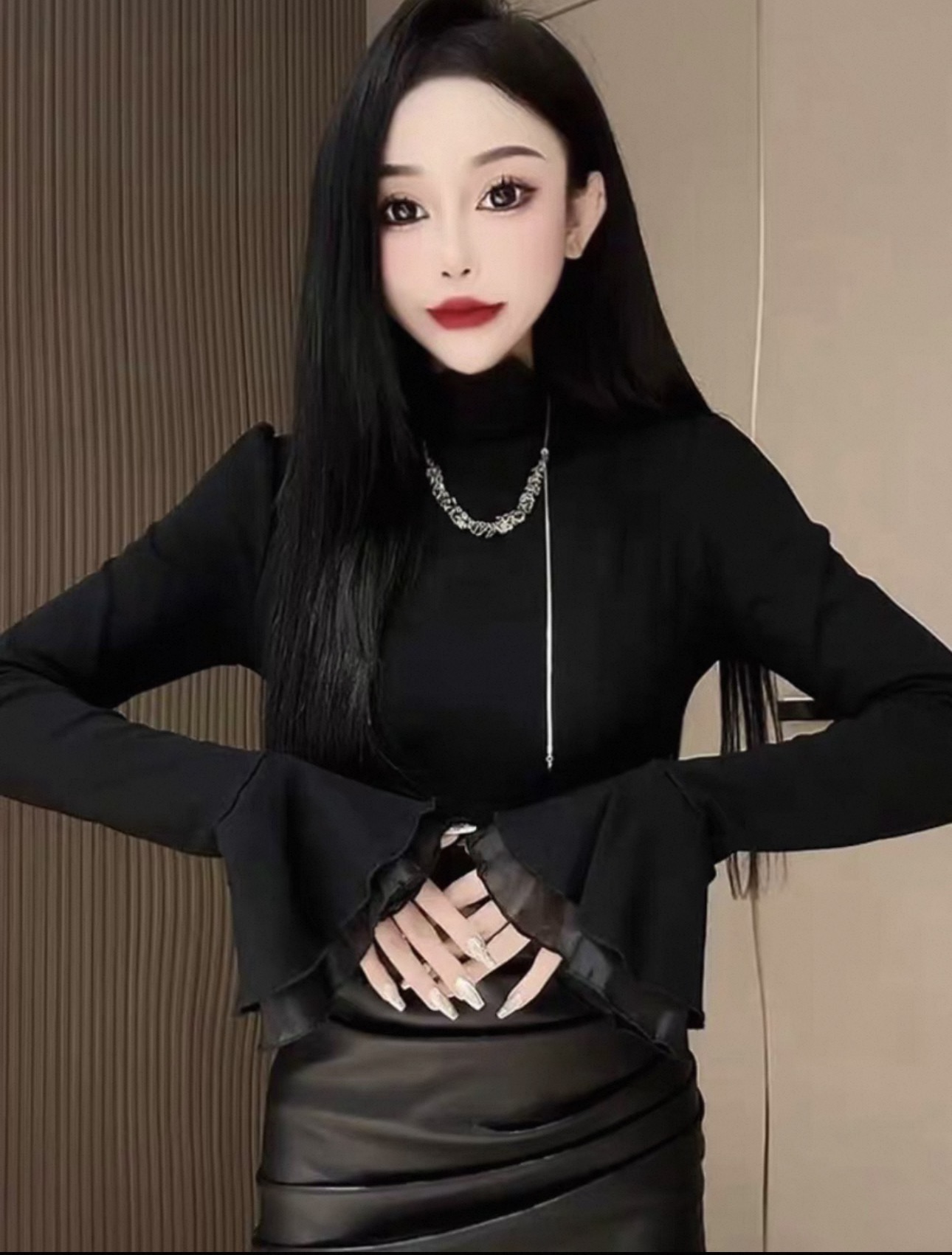 网纱拼接喇叭袖长袖T恤2025秋冬季半高领打底衫修身内搭上衣9157#