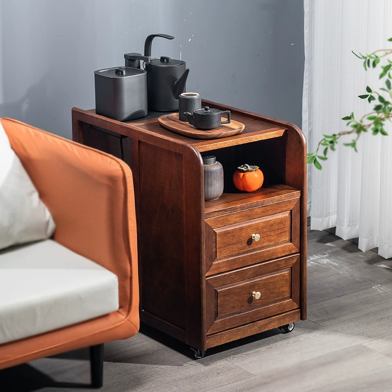 胡桃木沙发边几茶水柜榫卯结构北欧风茶几置物架小型茶水柜可推移