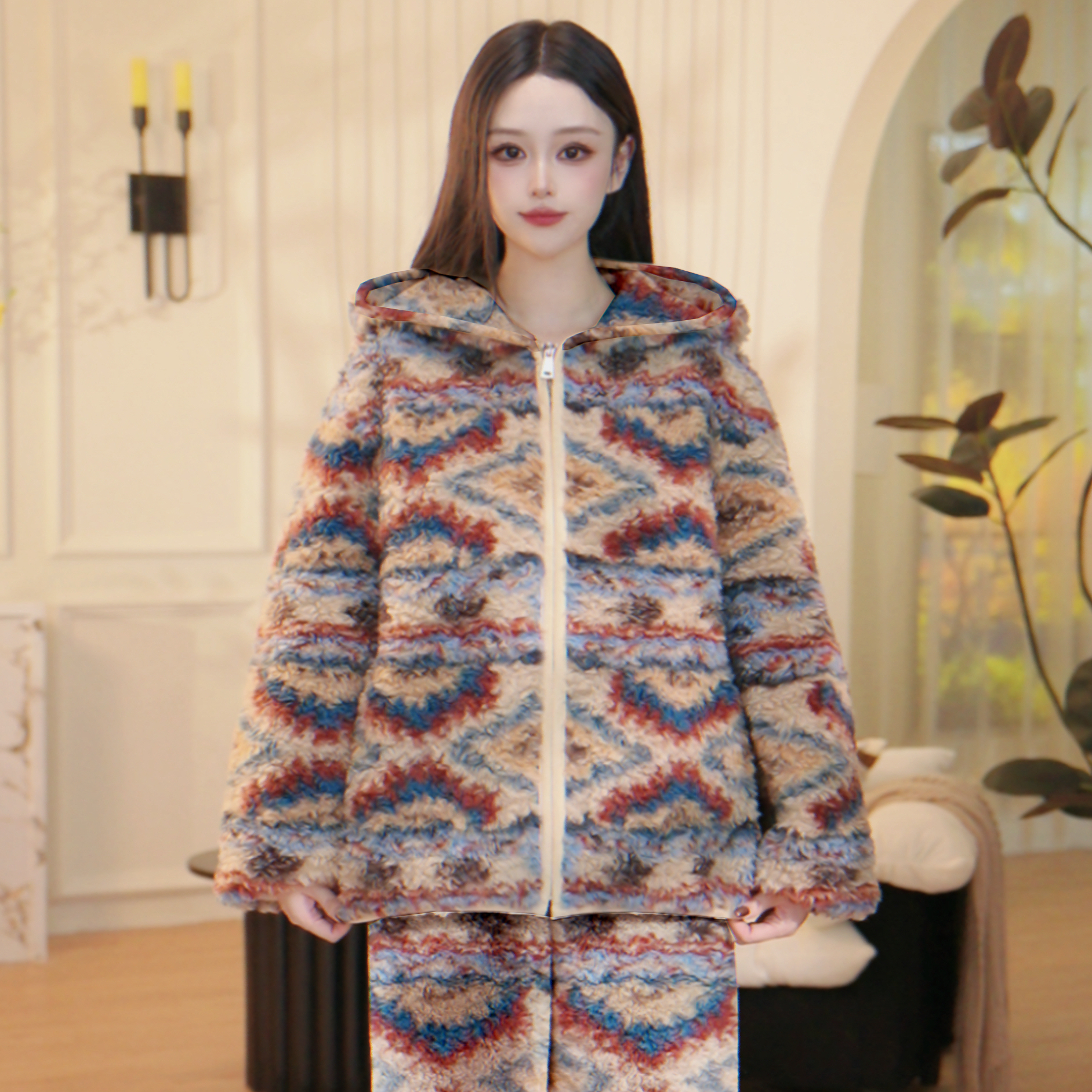 N冬季新款加绒加厚款连帽家居服高颜值柔软睡衣套装