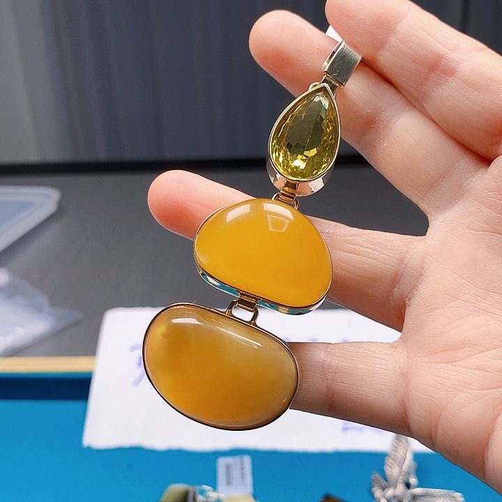 银S925镶嵌颈饰琥珀波兰设计款琥珀蜜蜡