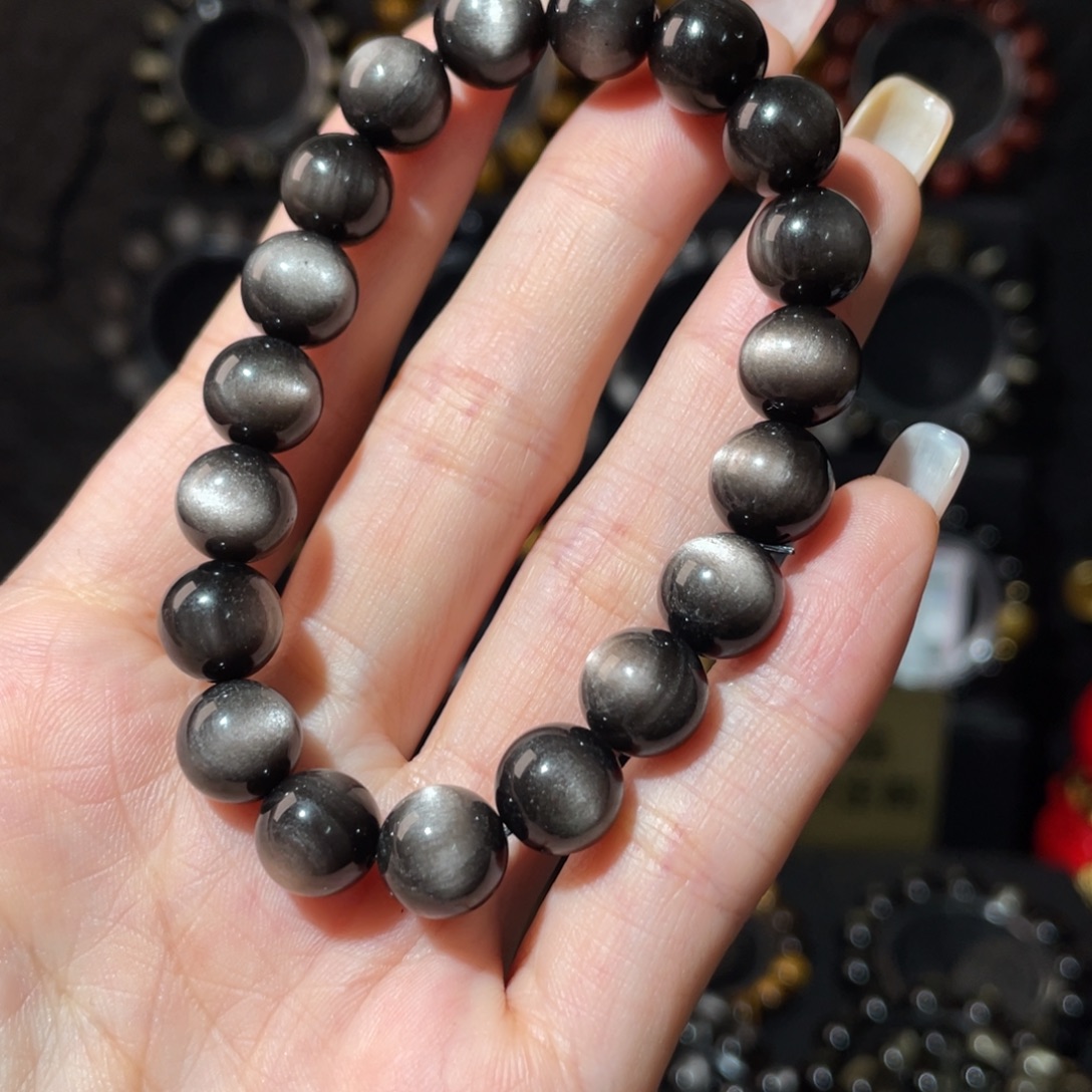 用***7黑曜岩未镶嵌手链10mm猫眼银曜石