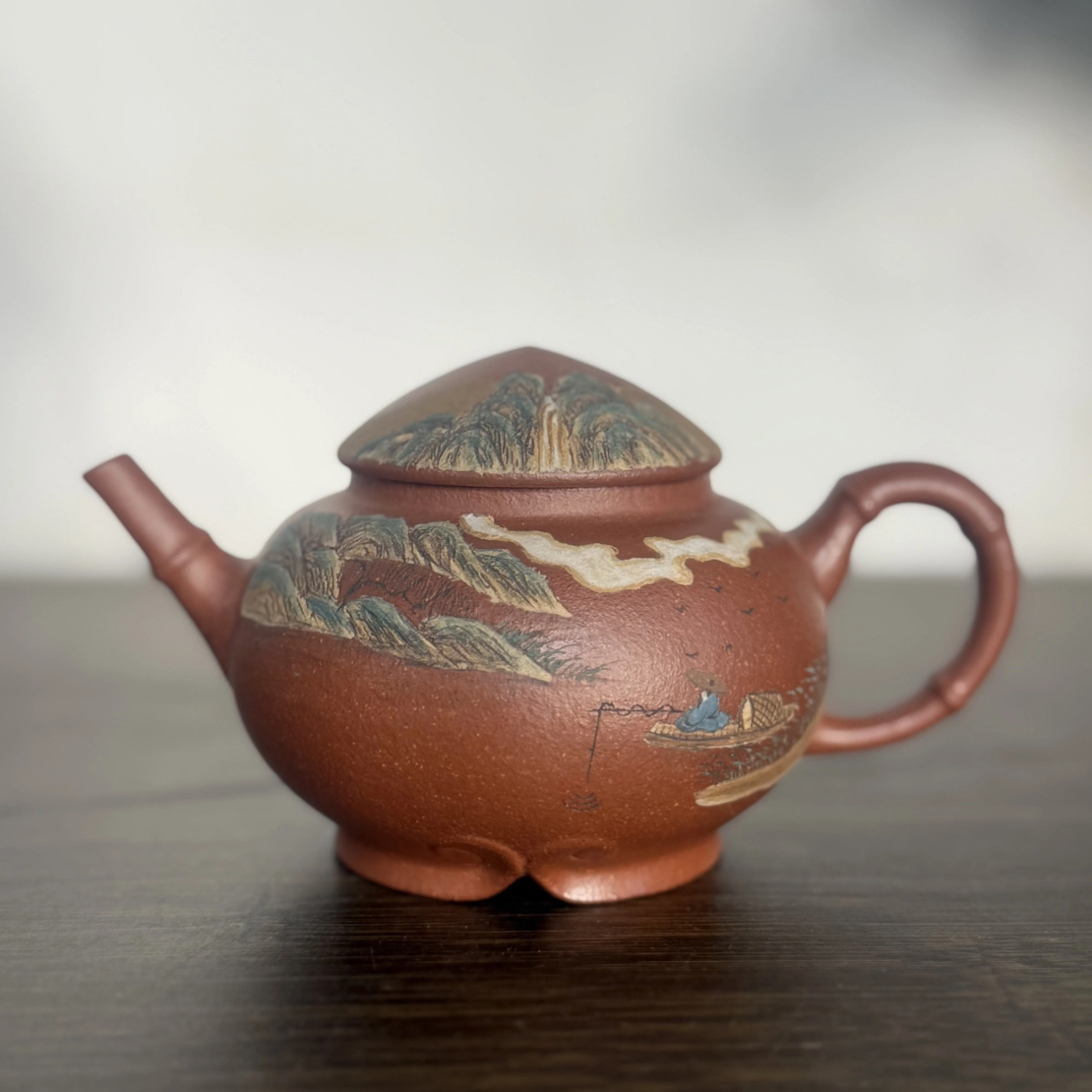 宜兴紫砂壶原矿老朱泥文人茶器小容量精品原创泥绘渔翁壶200CC