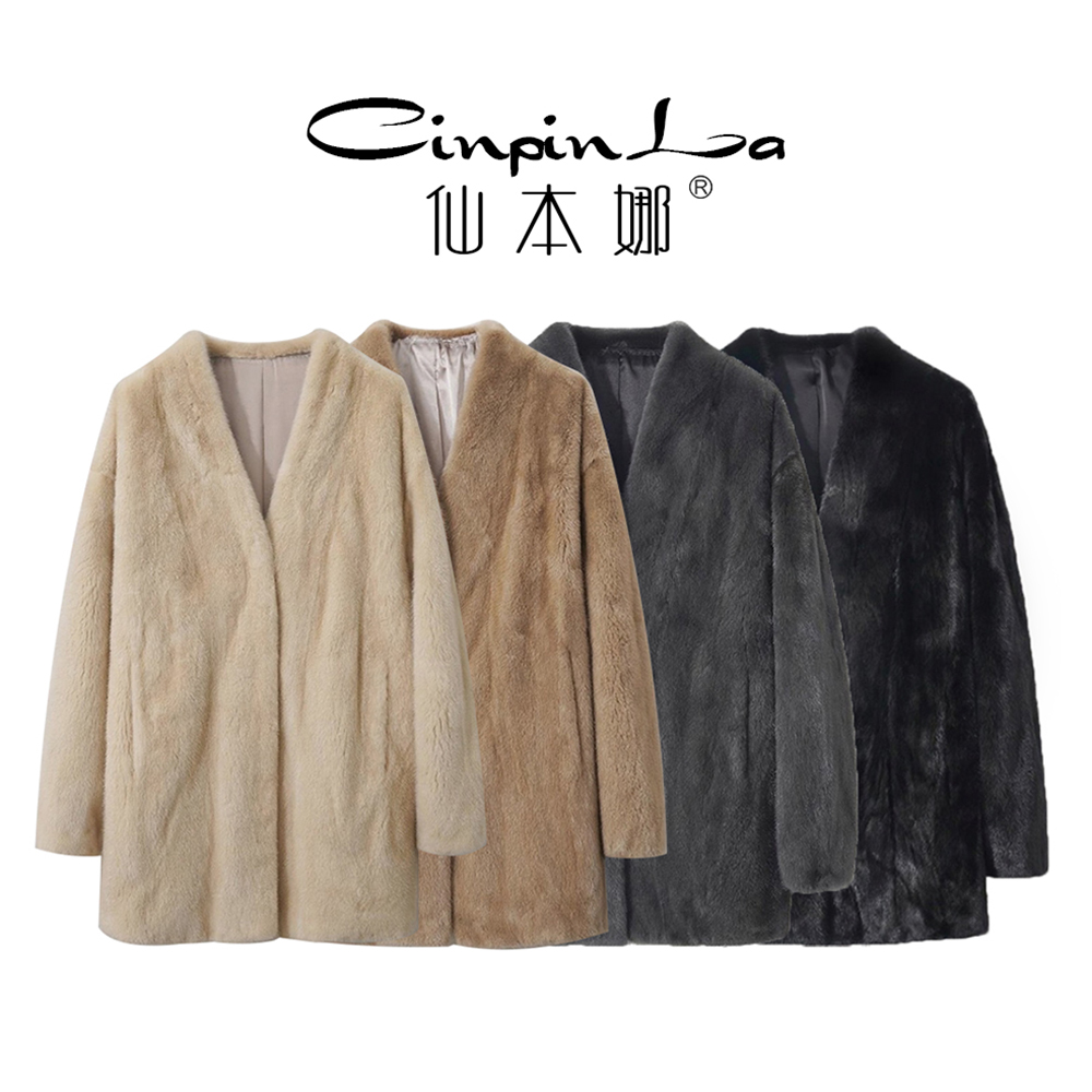 【仙本娜】进口意式米黄水貂皮整貂皮草女外套新款2025长款V领女装
