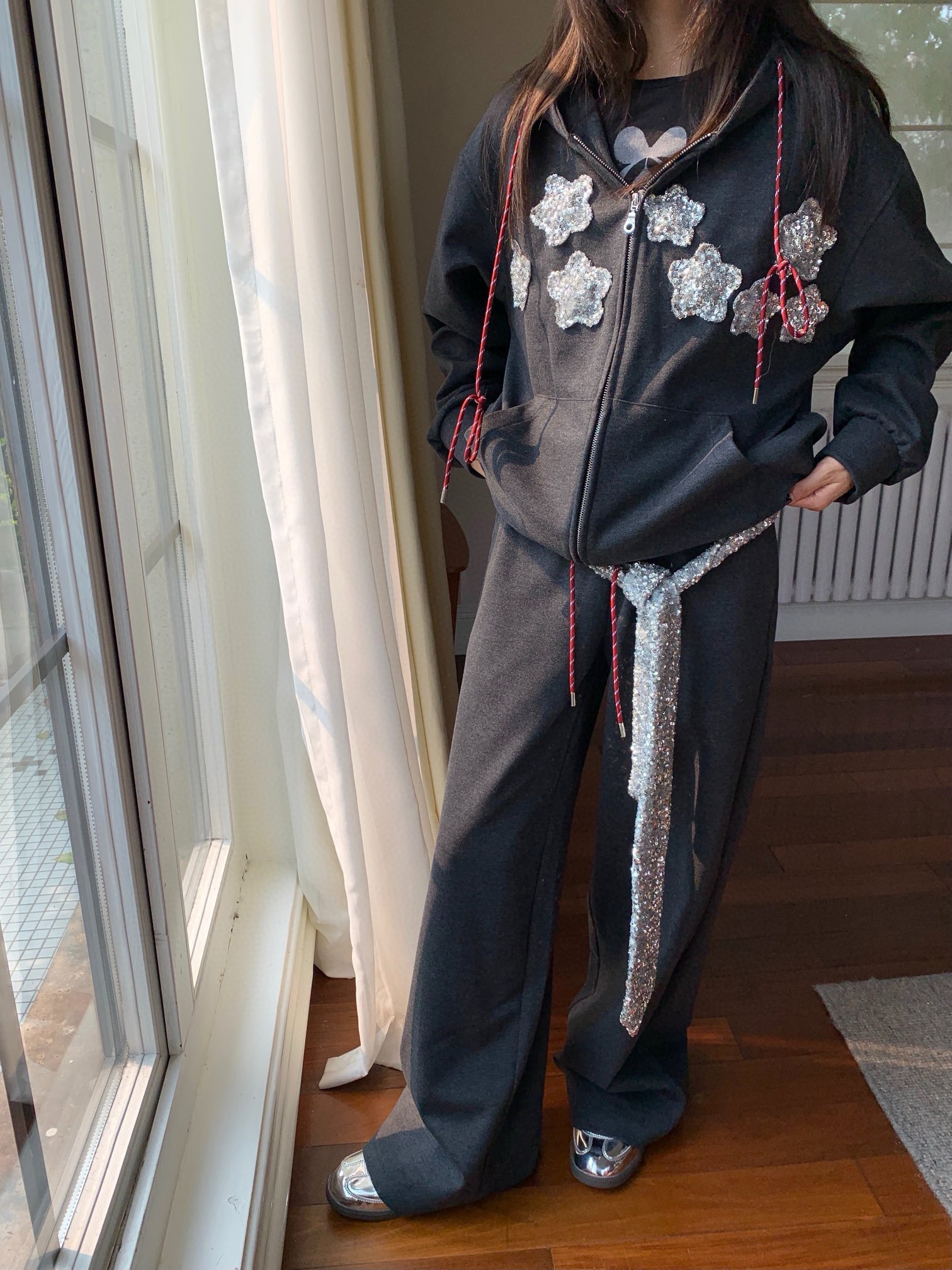 YANAG | 24AW亮片领带腰带装饰黑色阔腿裤直筒裤时尚休闲重工宽松