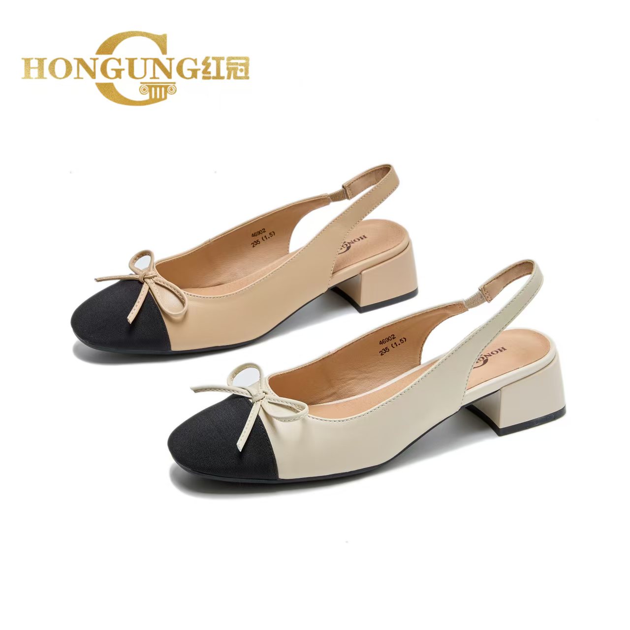 红冠皮鞋新款中空小香风时尚女鞋46902气质百搭粗跟