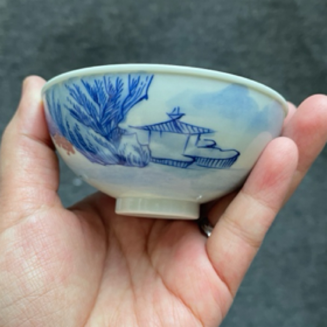 阅贤斋气窑釉里红山水小茶碗微瑕