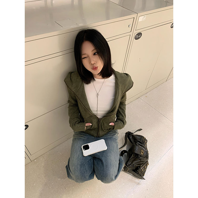 小众复古休闲设计连帽拉链开衫女2025年新款简约宽松百搭长袖上衣