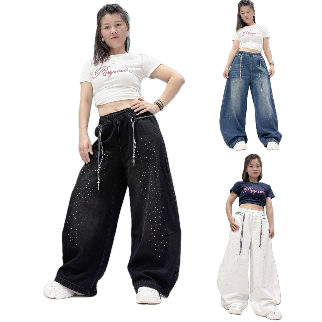 ［达人专属］街舞潮牌牛仔烫钻双抽绳长裤辣妹长裤