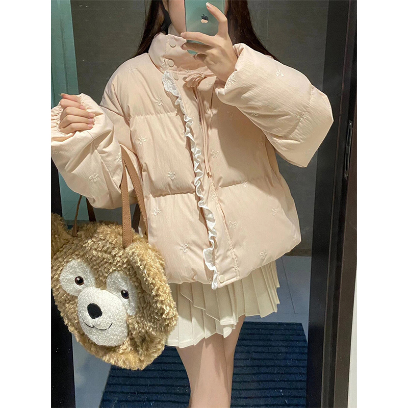温柔超好看蝴蝶结花边立领短款棉服外套女冬季新款短款保暖棉衣潮