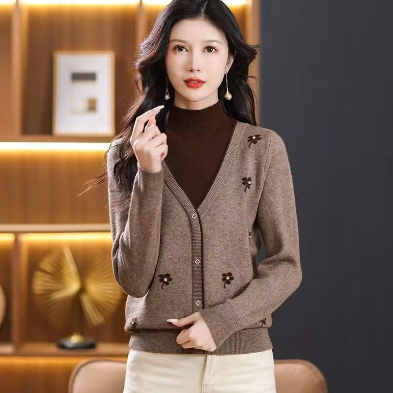 【梦姿若】半高领提花工艺女春秋冬必备新款假两件