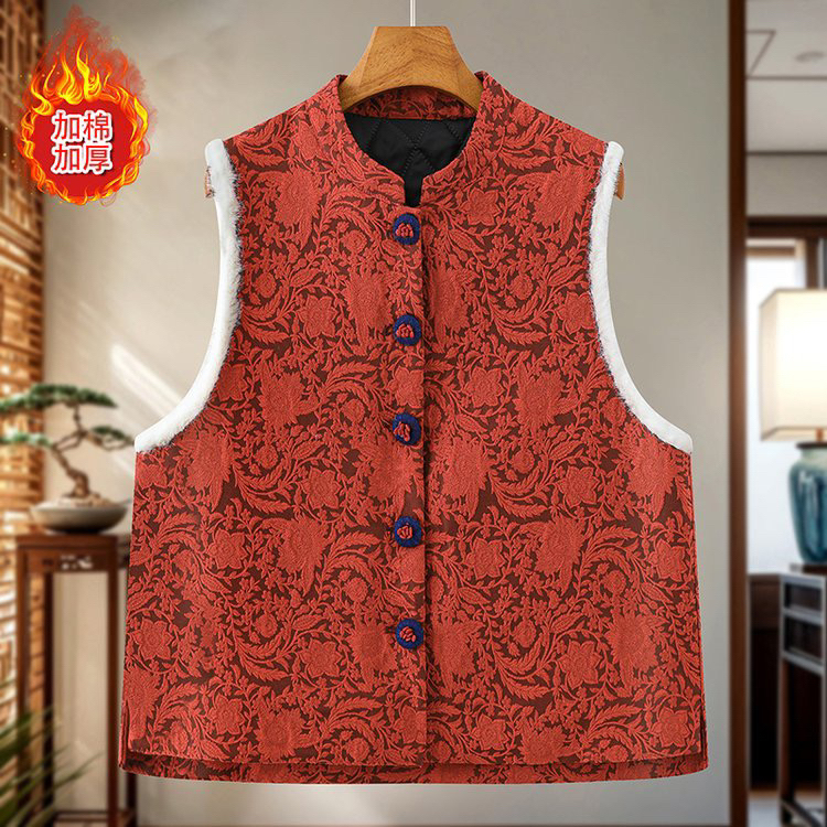 【红牡丹】新中式国风提花浮雕刺绣新年红加厚立领马甲女冬复古时尚