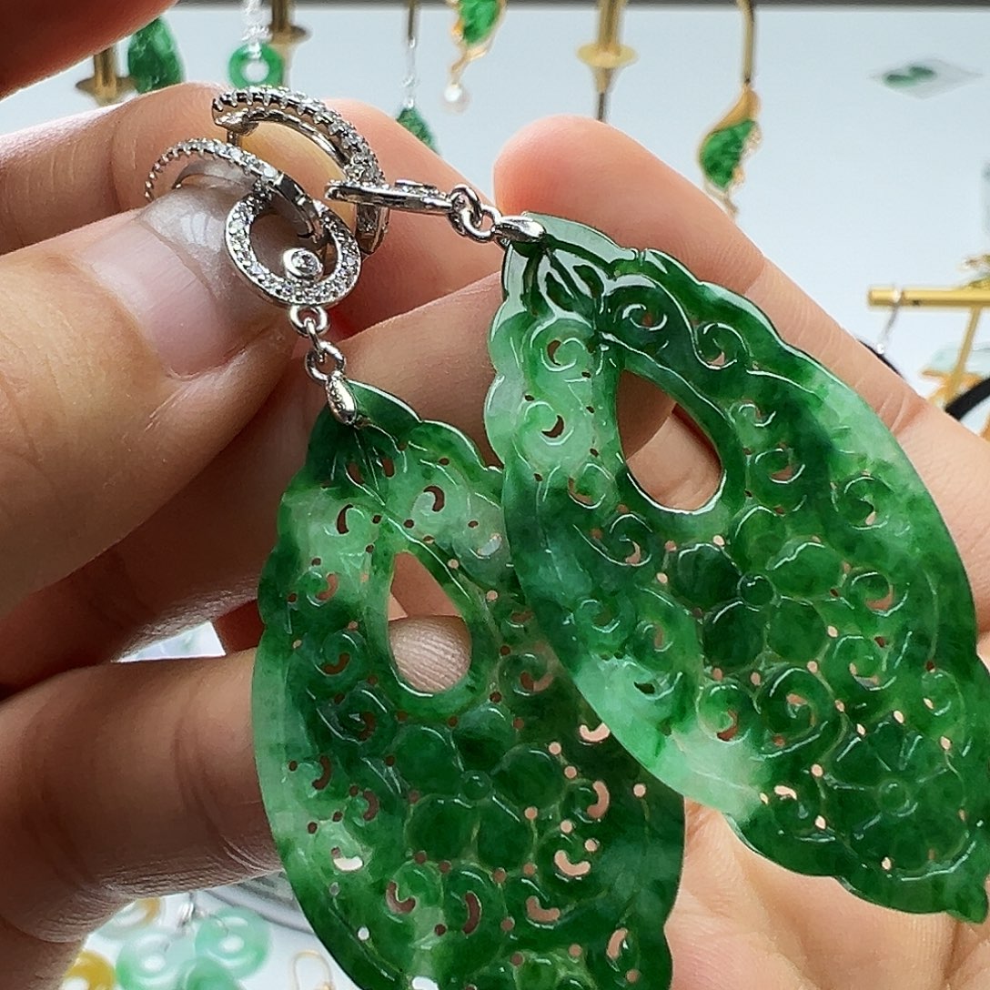 橘***奶翡翠银S925镶嵌耳饰天然缅甸A货翡翠