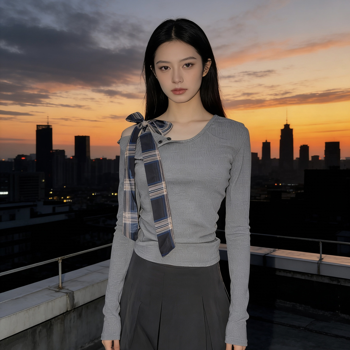 灰色蝴蝶结露肩长袖秋季修身显瘦设计感打底衫上衣