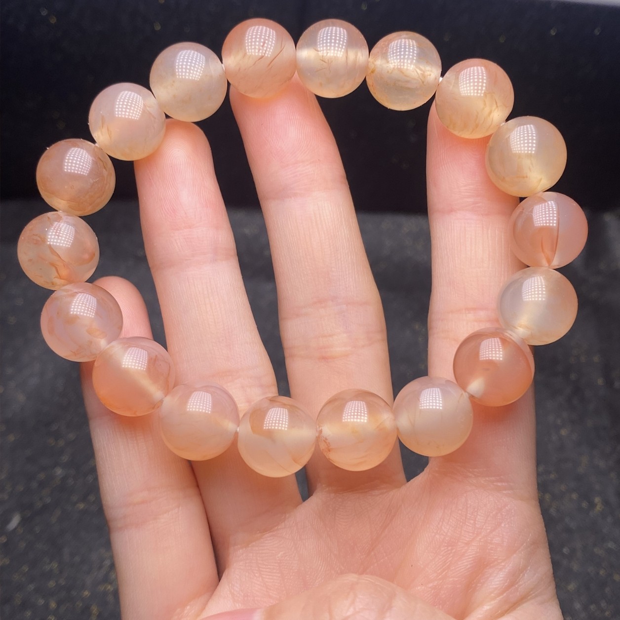 天然玛瑙玉髓石香槟橘粉色龙鳞纹飘花冰种圆珠手串男女款饰品礼物