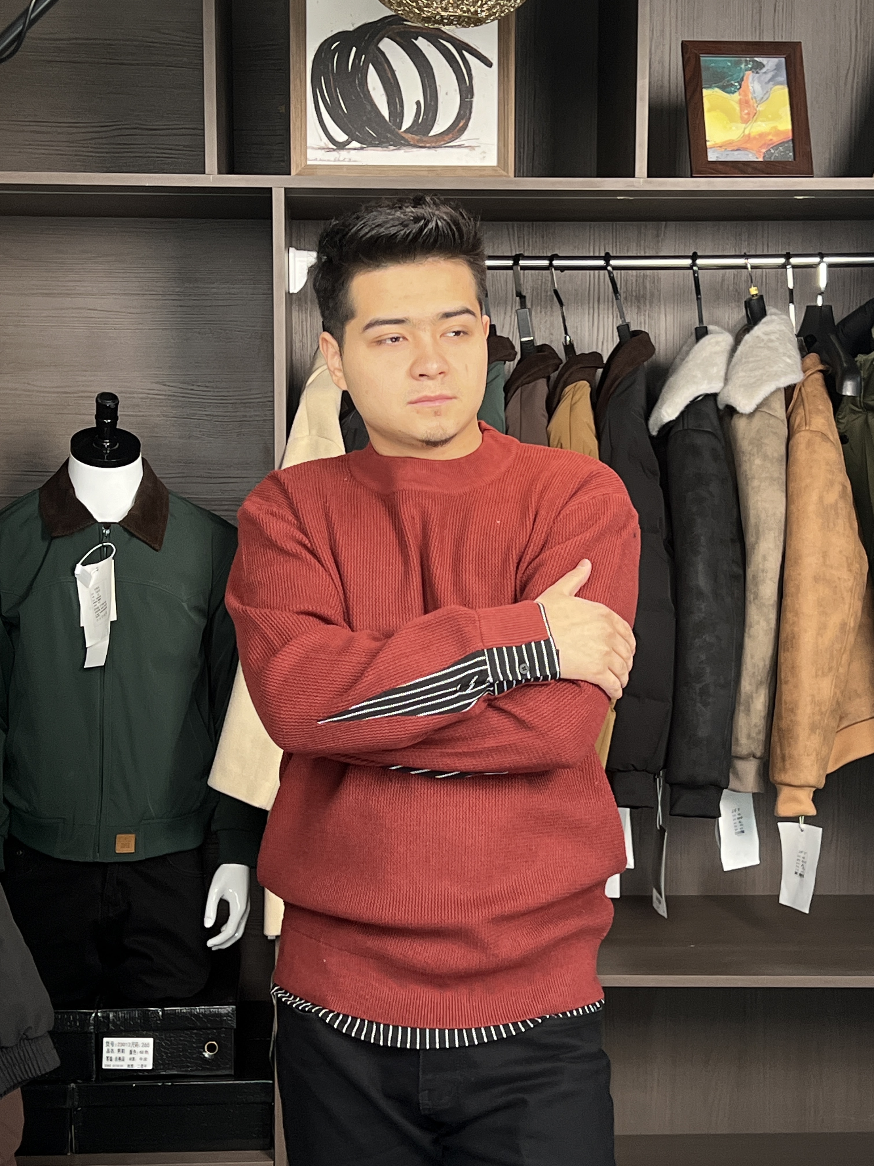 男士加绒针织衫 秋冬季套头长袖T打底衫毛衣保暖潮流假两件[9901]