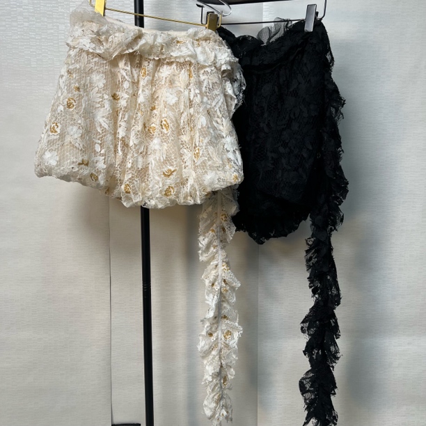 法式千金风蕾丝高腰两色系花苞镂空绑带半身裙