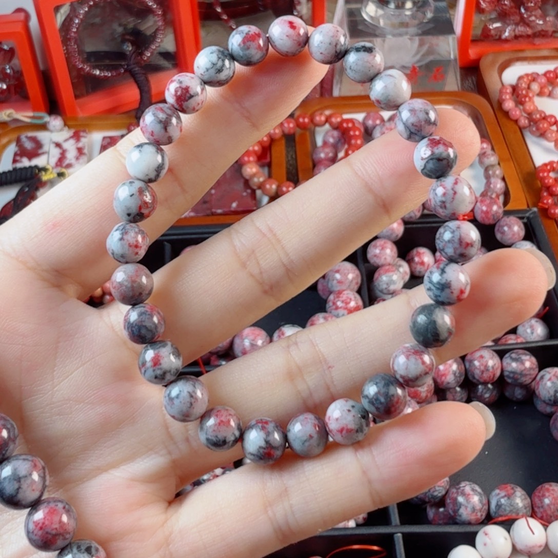 天然辰砂原石手串卡7+