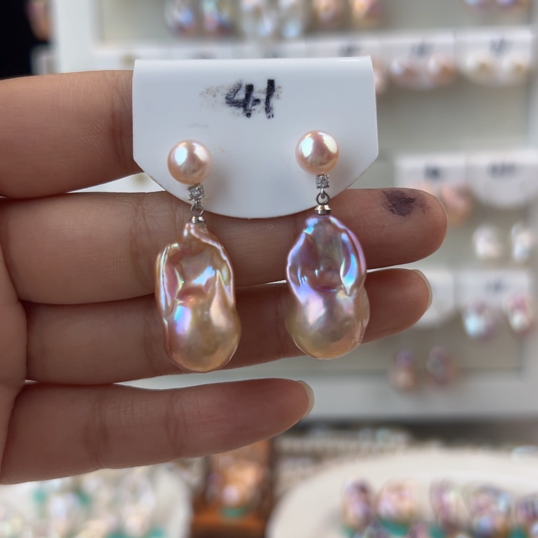 淡水珍珠耳饰银S925镶嵌蜜*