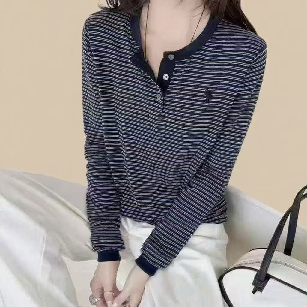 长袖~设计感「钮扣·半开衫」撞色条纹秋冬款微宽松显瘦25089