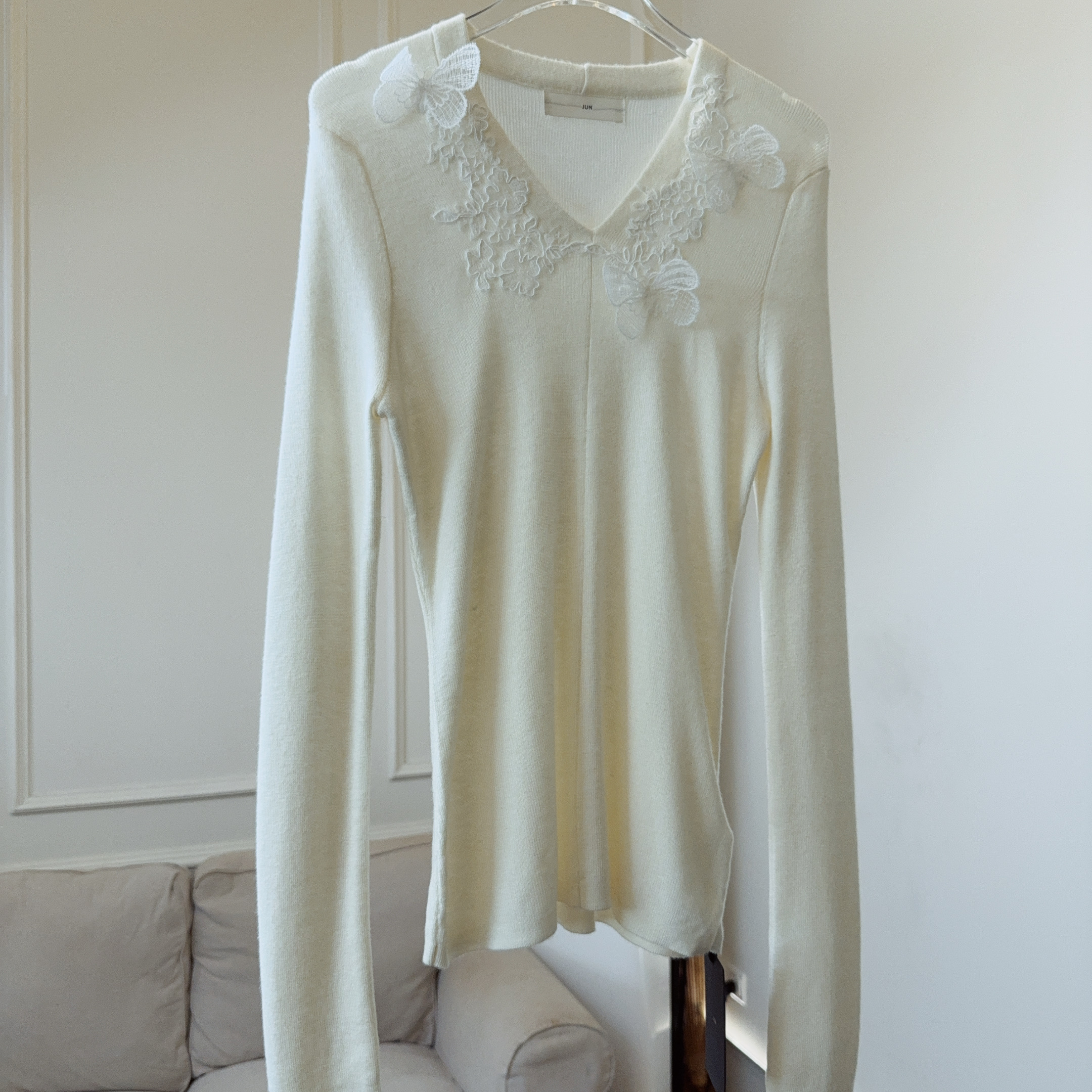 927 原创极简风蝴蝶蕾丝毛V领打底衫 毛衣 老钱风法式毛衣