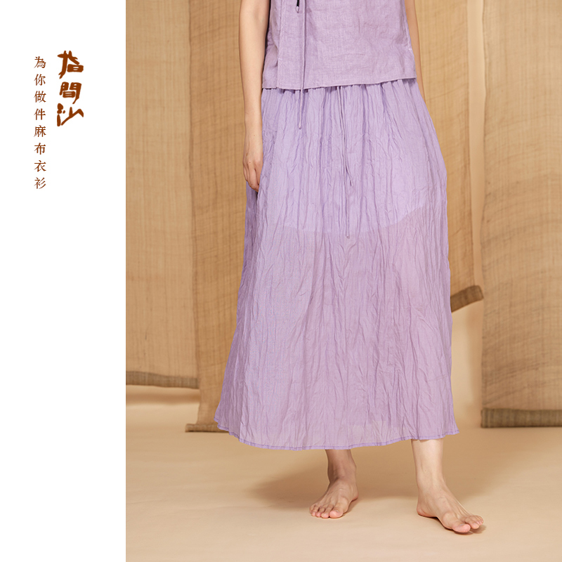 W2424352指间沙女装24夏文艺全松紧高腰苎麻半裙拧皱中长净色