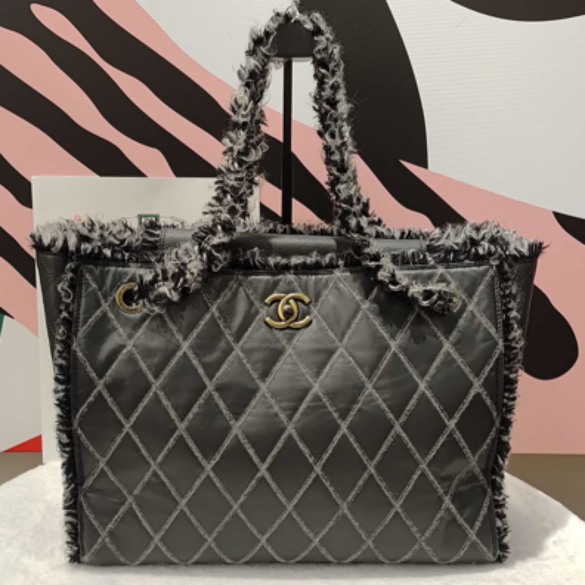 99新 Chanel/香奈儿 11A中古灰色金扣毛呢拼牛皮托特包