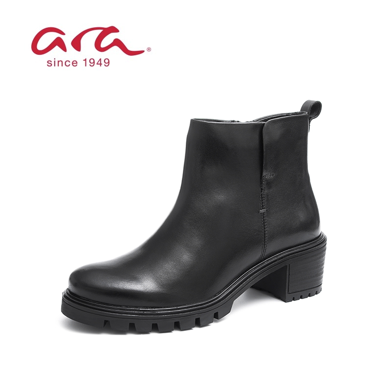 ara鹦鹉牛皮女靴真皮粗跟靴子短靴秋冬23A48813