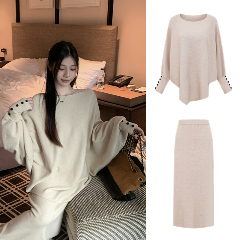 新款宽松蝙蝠袖毛针织女秋冬软糯慵懒感百搭上衣+显瘦针织半身裙