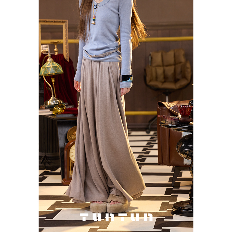 吞吞TUNT【甩甩裤 米杏】走路带风 大A摆后橡筋长裤