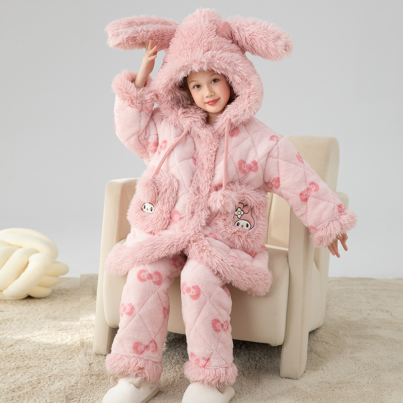 bejirog/北极绒中大童甜美公主风珊瑚绒三层夹棉女童冬季保暖睡袍