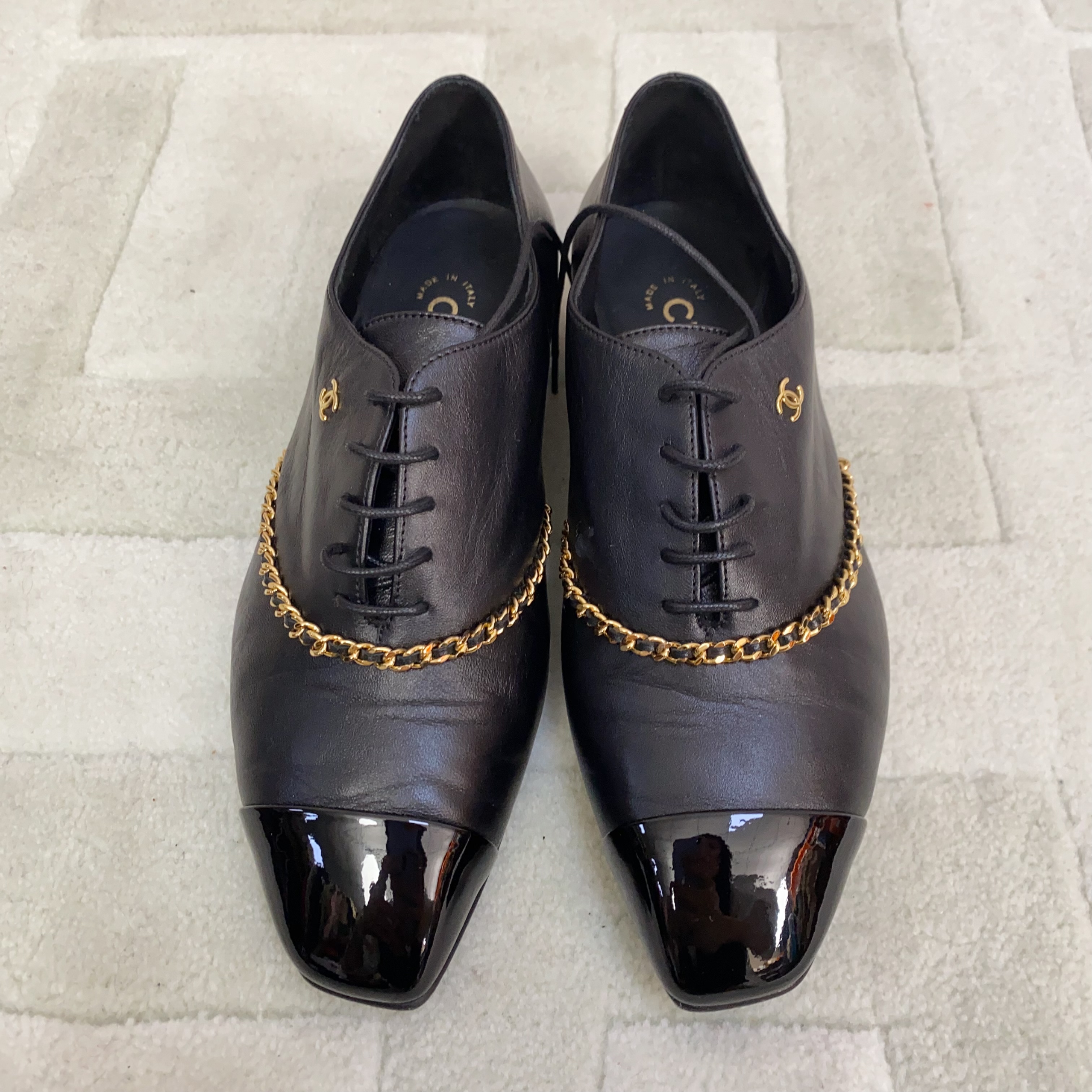 95新 Chanel/香奈儿 麦殿/漆皮拼皮女鞋37.5码/241225LDRPHA1