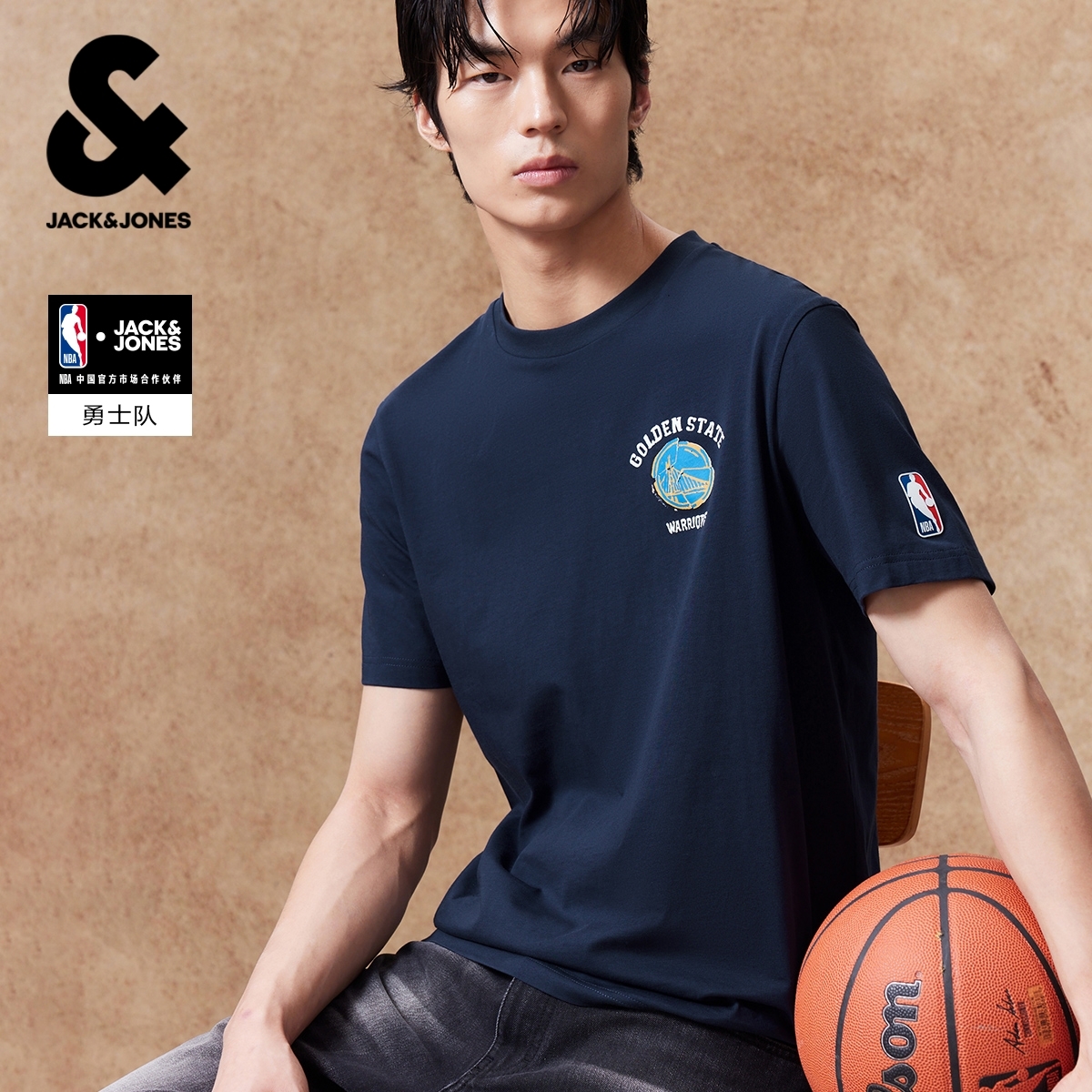 杰克琼斯【NBA联名】勇士队男士短袖T恤纯棉时尚宽松休闲潮百搭