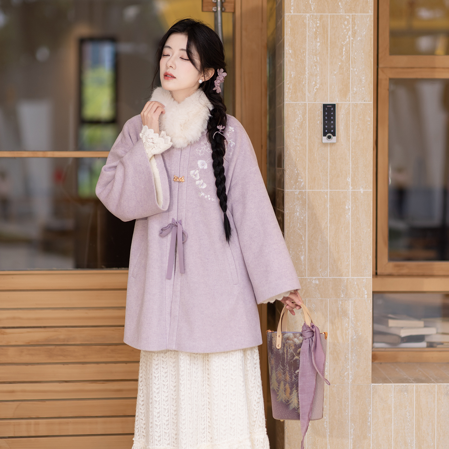 池夏【小雪:蝴蝶兰梦】加绒短袄仿狐狸毛毛领原创改良汉服女 秋冬