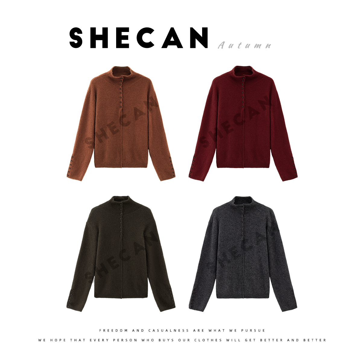 SHECAN【南山未晚】秋冬慵懒风纽扣绵羊毛浣熊绒针织衫L5QC332