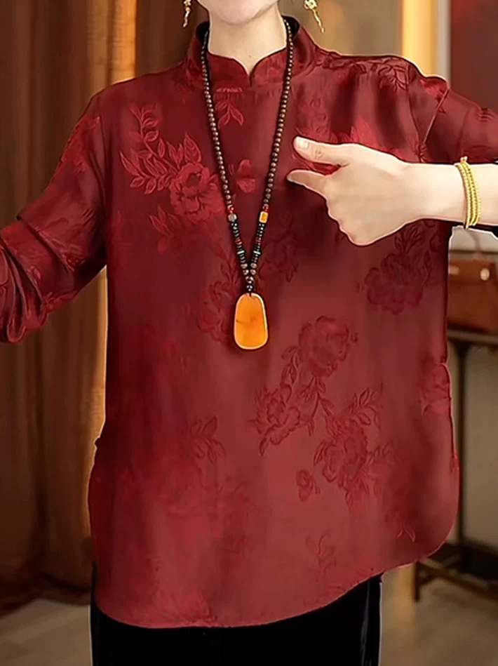 【千红.一梦】新中式桑蚕丝提花纽扣双面双穿洋气立领衬衣