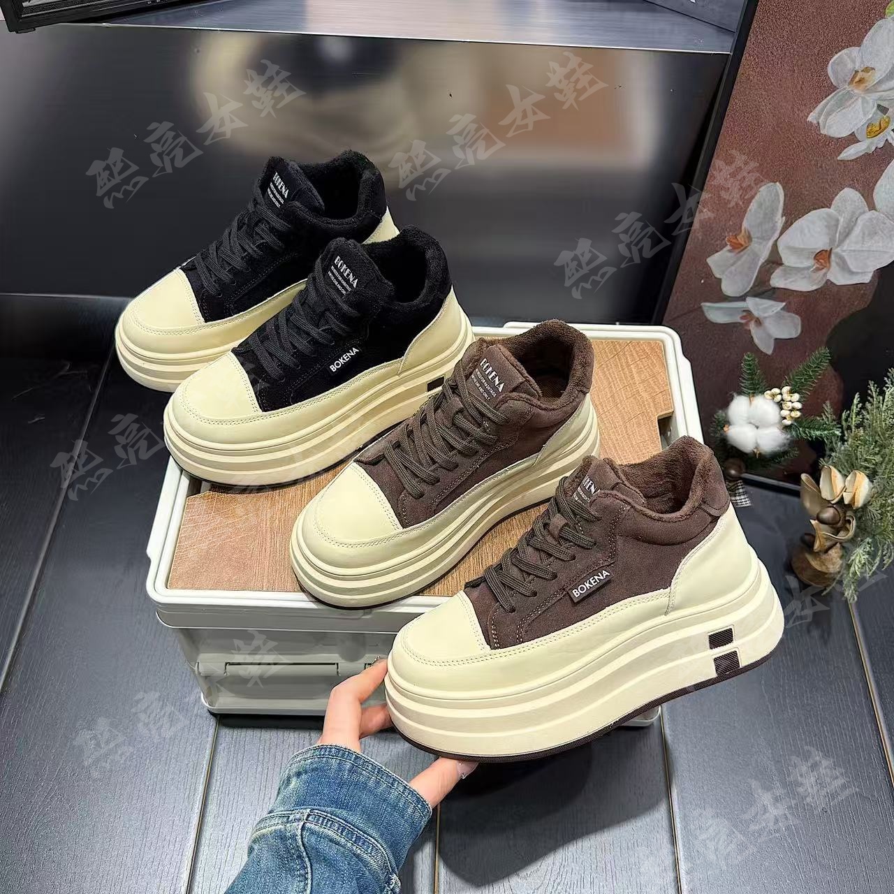 【冬日摩卡】高帮加绒秋冬新款厚底鞋加绒增高休闲小白鞋棉鞋