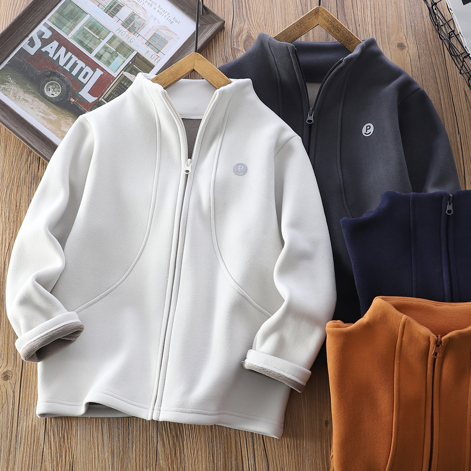 中大童拉链加绒外套男童撸猫绒外套开衫校服内搭神器儿童防风外套