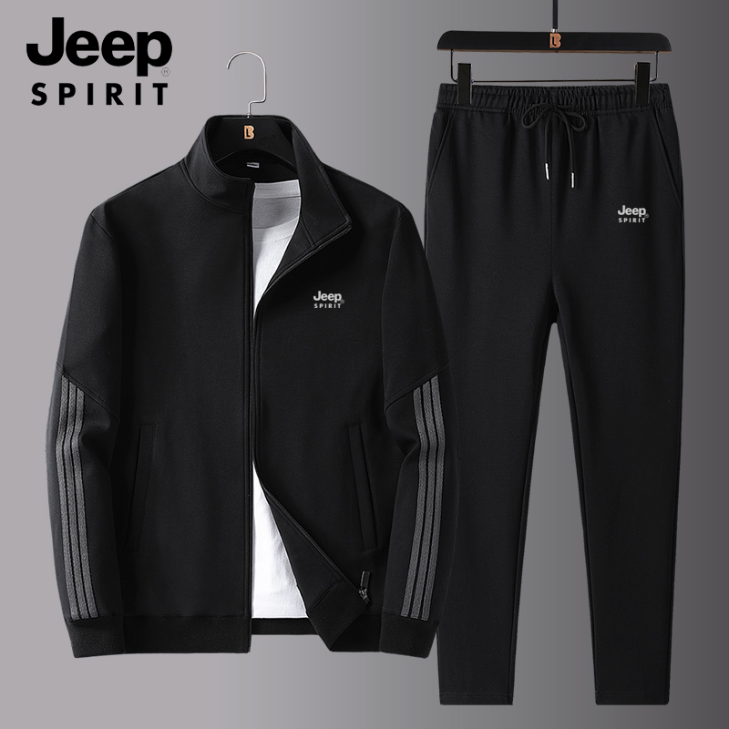 JEEP SPIRIT立领加绒运动服套装秋冬季男士跑步帅气休闲裤两件套