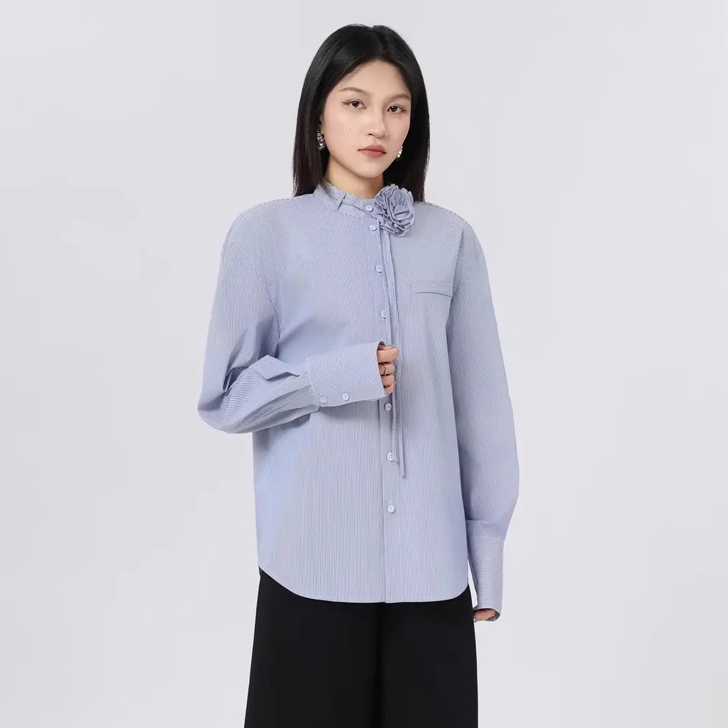 哥家专柜同款女装2025春秋新款立领花朵条纹衬衫130050-1P12362