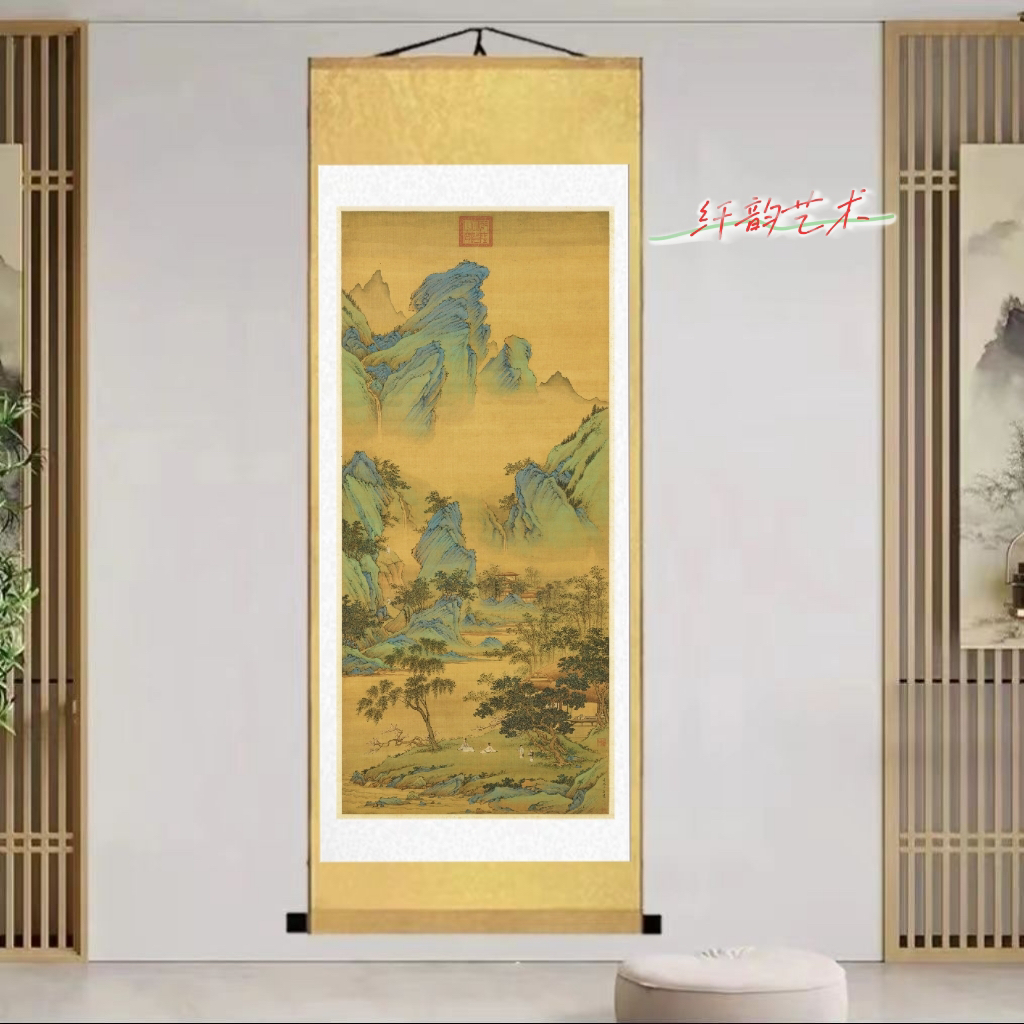 明·仇英《春山吟赏图》180*72CM复刻国画玄关走廊装饰画