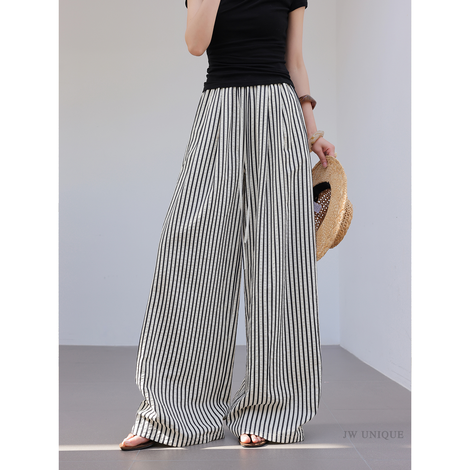 JWUNIQUE竖条纹复古阔腿休闲裤女2025年夏季新款宽松显瘦拖地长裤