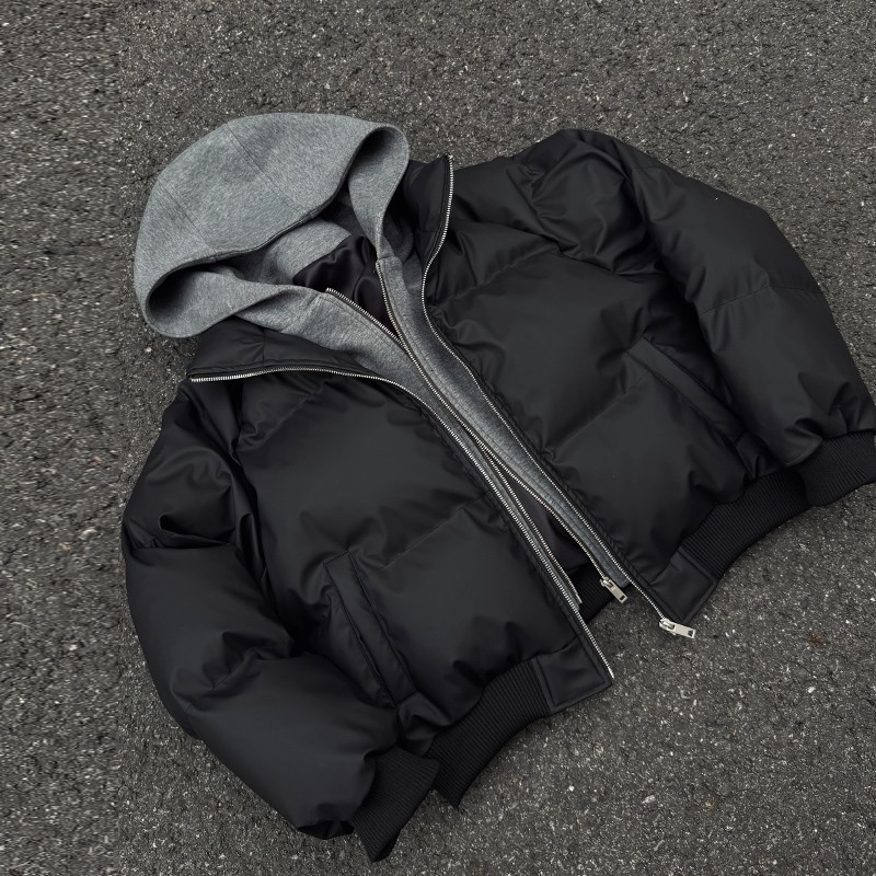 高级感cleanfit假两件连帽夹克棉服加厚保暖外套美式短款廓形棉袄