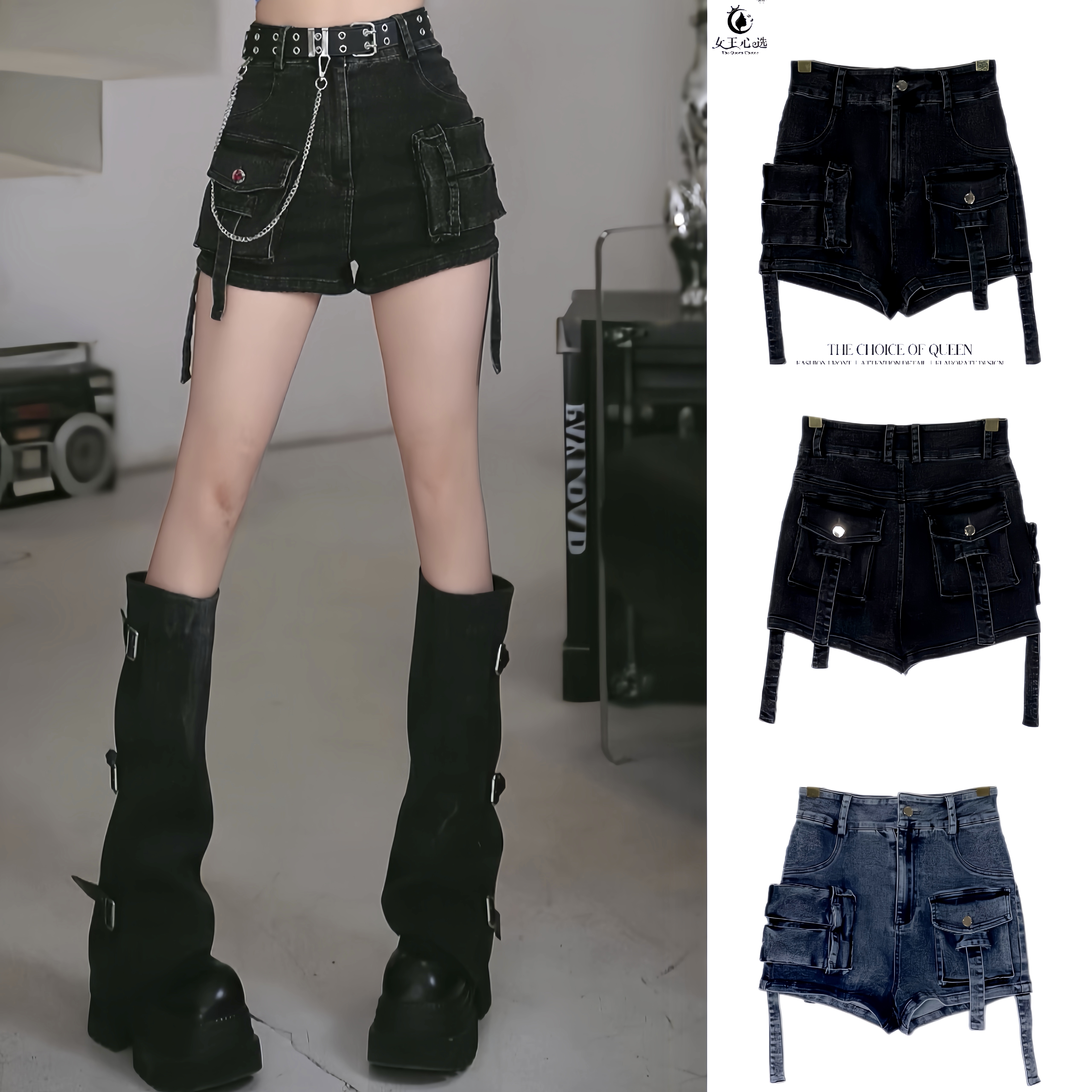 【笑姐定制】D9C036 小众复古工装风立体口袋阔腿辣妹高腰牛仔短裤