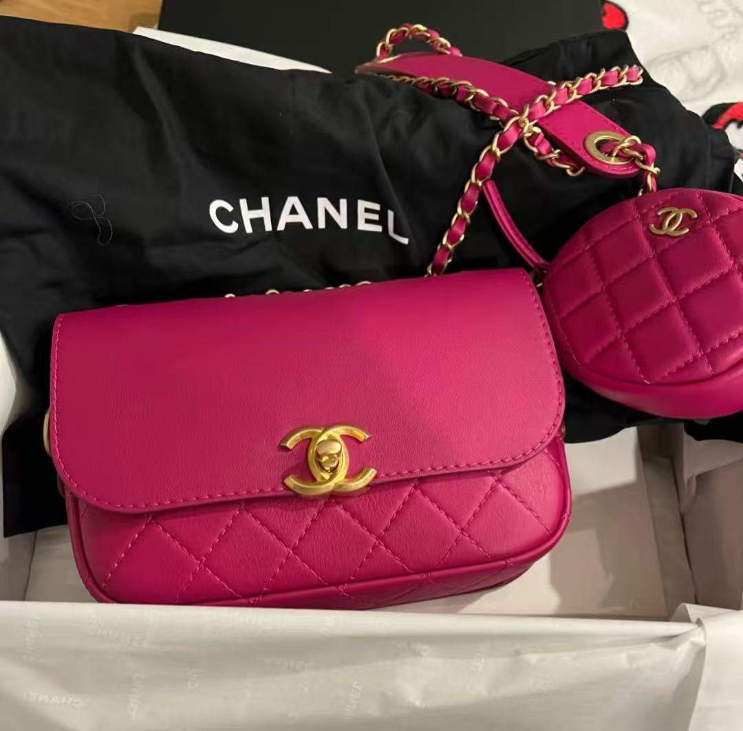 99新 Chanel/香奈儿 多多奢品/香奈儿粉色牛皮子母斜跨包/99新